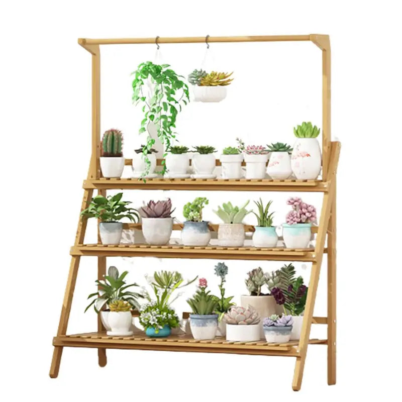 Bamboo Ladder Plant Stand Foldable Flower Pot Display Shelf Rack for Indoor Outdoor