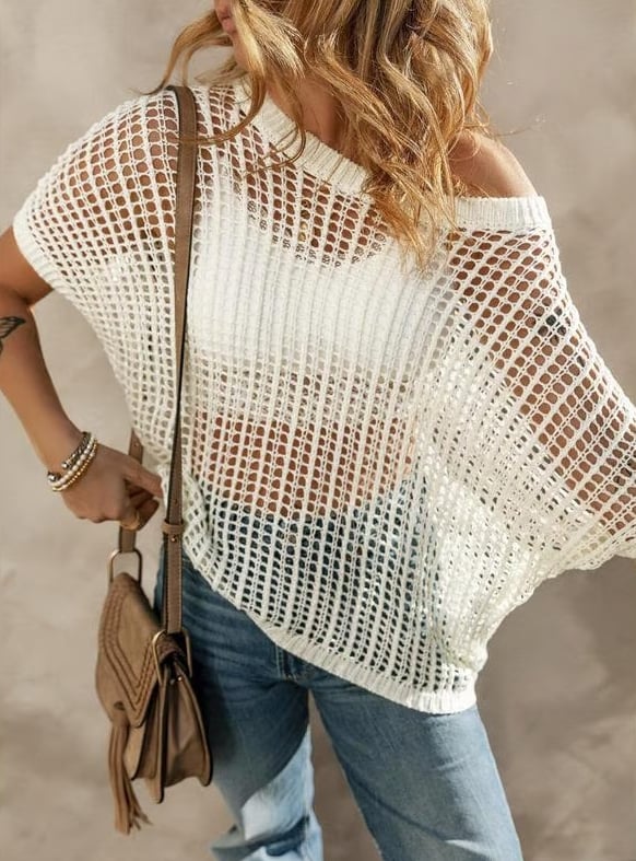 🎁2025 New Hot Sale 49% OFF - Womens Summer Scoop Neck Short Sleeve Sweater Casual Crochet Hollow Out Knit Tops Pullover Shirts Beach Coverup