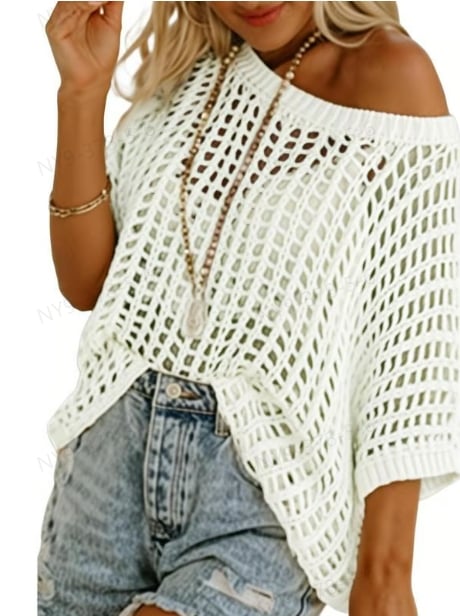 🎁2025 New Hot Sale 49% OFF - Womens Summer Scoop Neck Short Sleeve Sweater Casual Crochet Hollow Out Knit Tops Pullover Shirts Beach Coverup