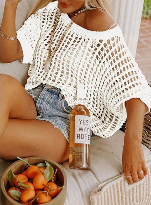 🎁2025 New Hot Sale 49% OFF - Womens Summer Scoop Neck Short Sleeve Sweater Casual Crochet Hollow Out Knit Tops Pullover Shirts Beach Coverup