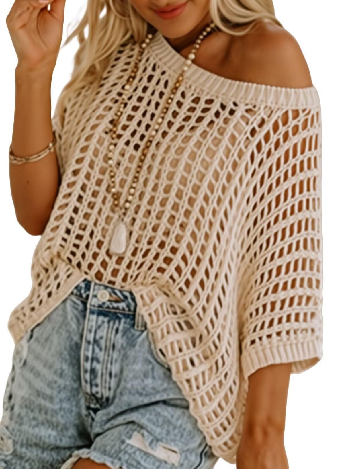 🎁2025 New Hot Sale 49% OFF - Womens Summer Scoop Neck Short Sleeve Sweater Casual Crochet Hollow Out Knit Tops Pullover Shirts Beach Coverup