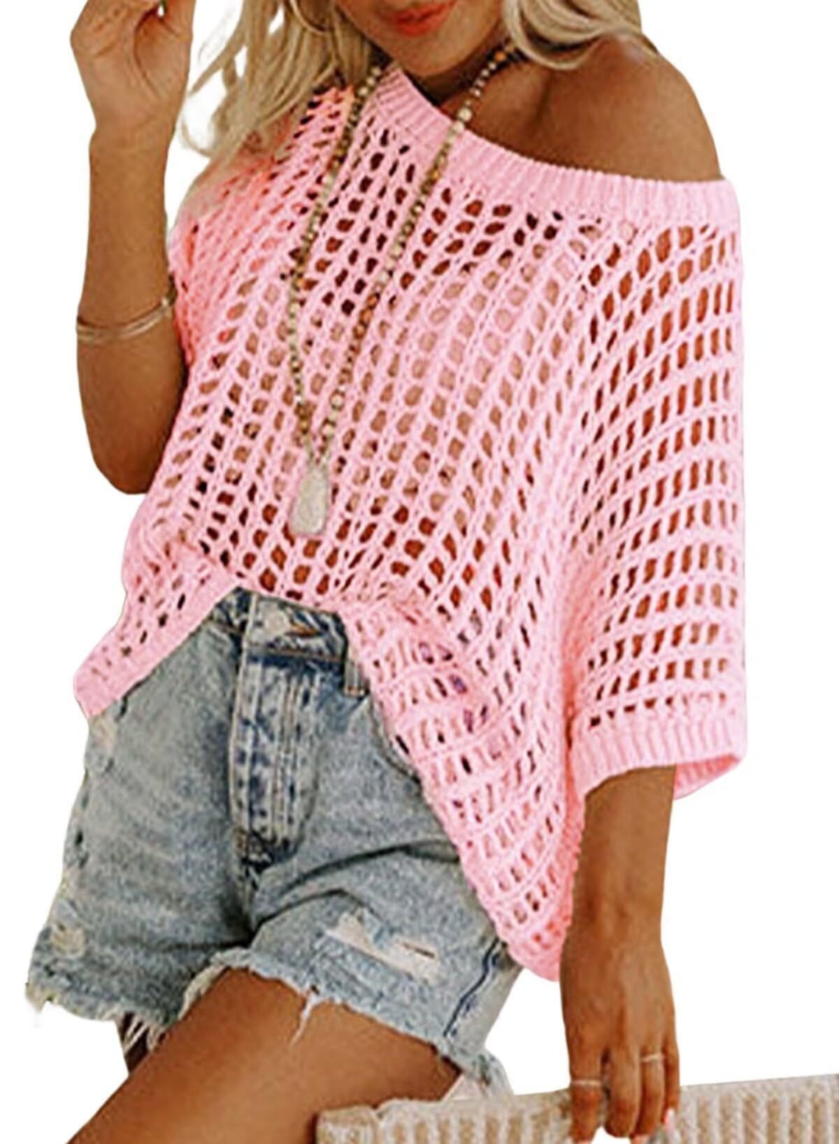 🎁2025 New Hot Sale 49% OFF - Womens Summer Scoop Neck Short Sleeve Sweater Casual Crochet Hollow Out Knit Tops Pullover Shirts Beach Coverup